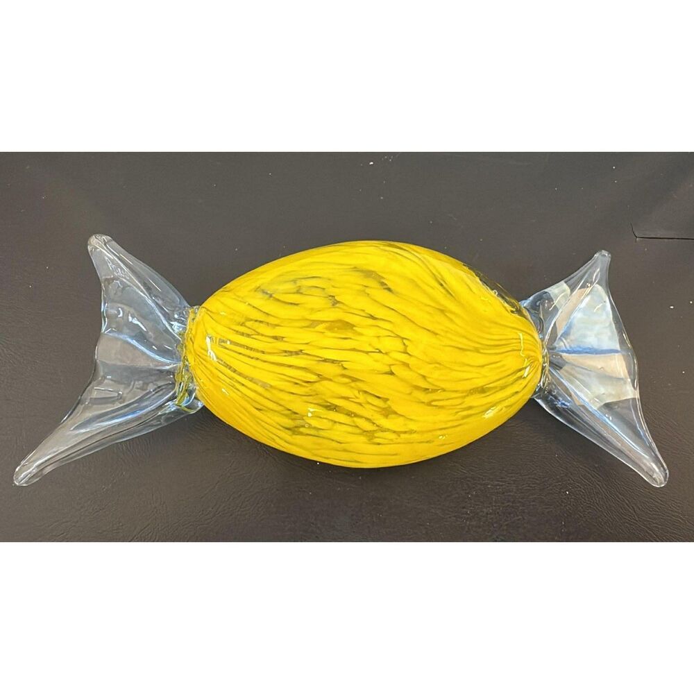Large 7.5" Murano Style Art Glass Candy Paperweight Yellow Mottled Hand Clear